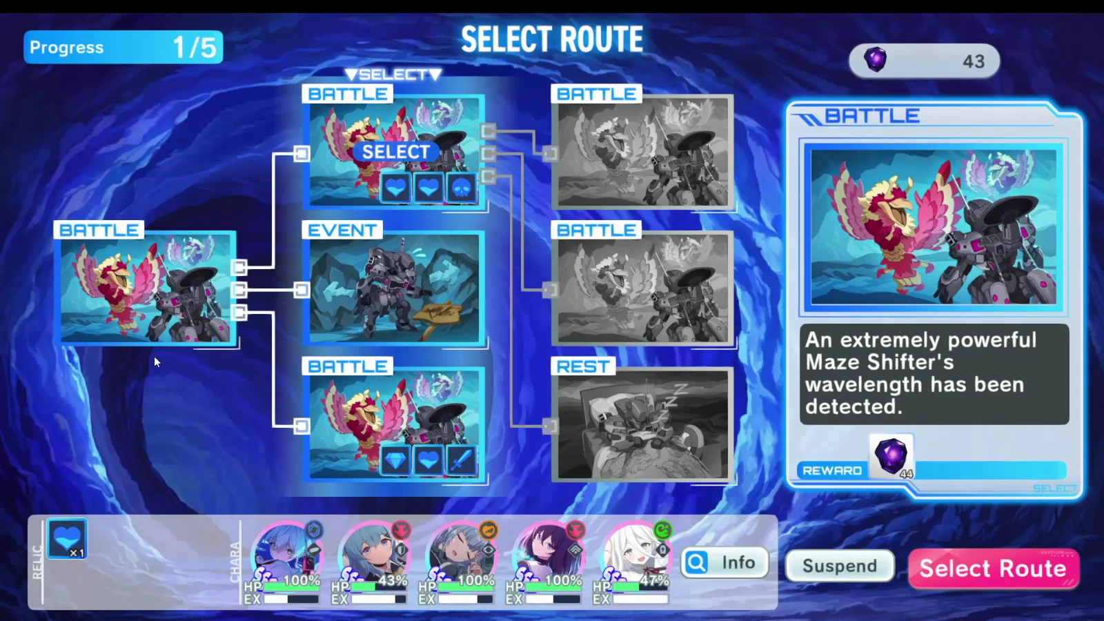 A branching Maze route with battle, event, and rest nodes.