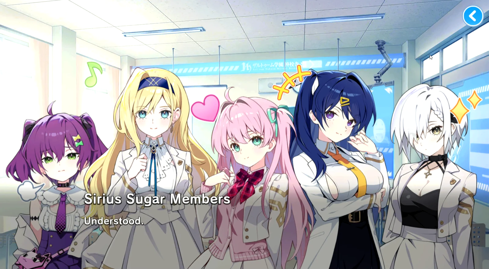 The five members of Sirius Sugar together in a classroom scene.